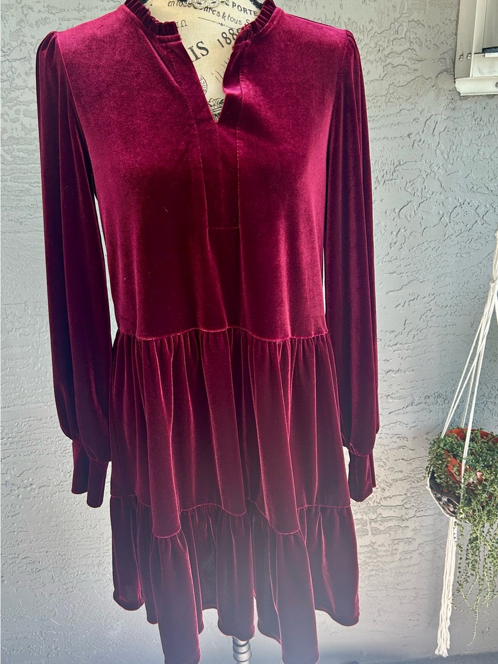 Cottagecore Festival 1. State Velvet Tiered Long-Sleeve Dress in Burgundy